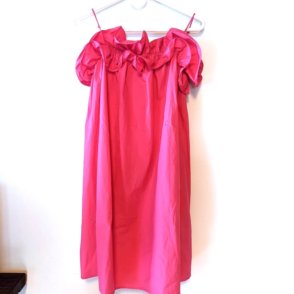 NEW WITH TAG H&M Ruffle Trimmed Cerise Barbie Pink Dress XS 100% Cotton Poplin